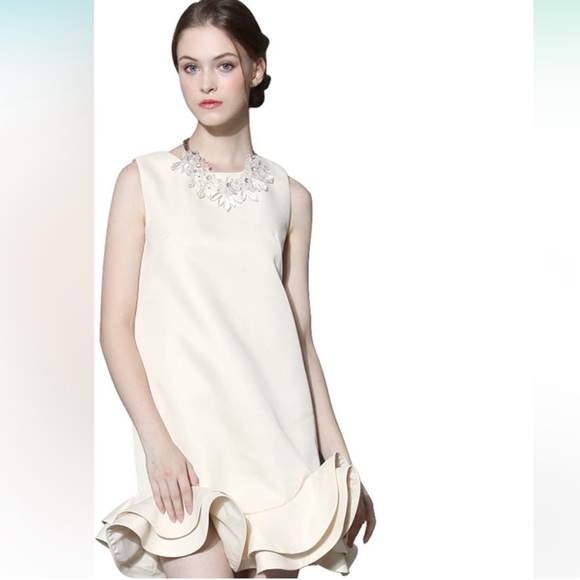 CHICWISH Women's Beige Silky Peplum Ruffled Shift Party Dress Large - Picture 5 of 7